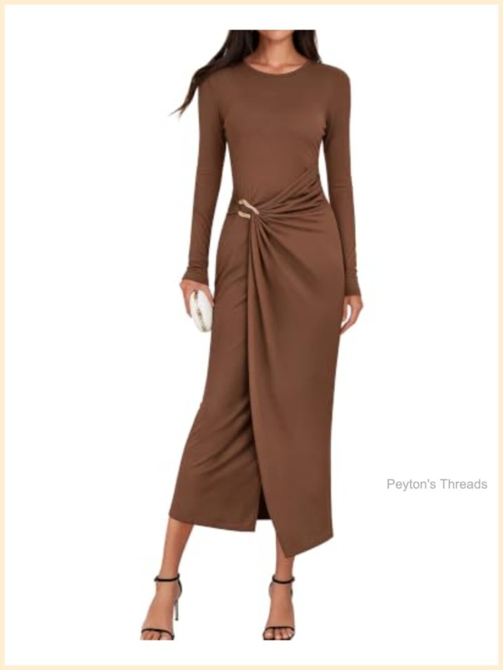 Long Sleeve Midi Dress Gold Button Ruched Waist Cocktail Party
